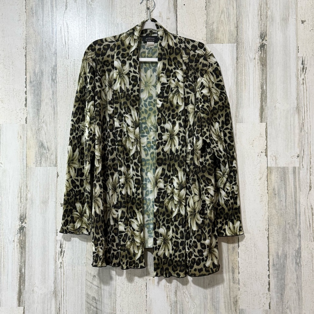 Vintage Floral Leopard Print  Ribbed Pleated Long Sleeve Polyester Cardigan